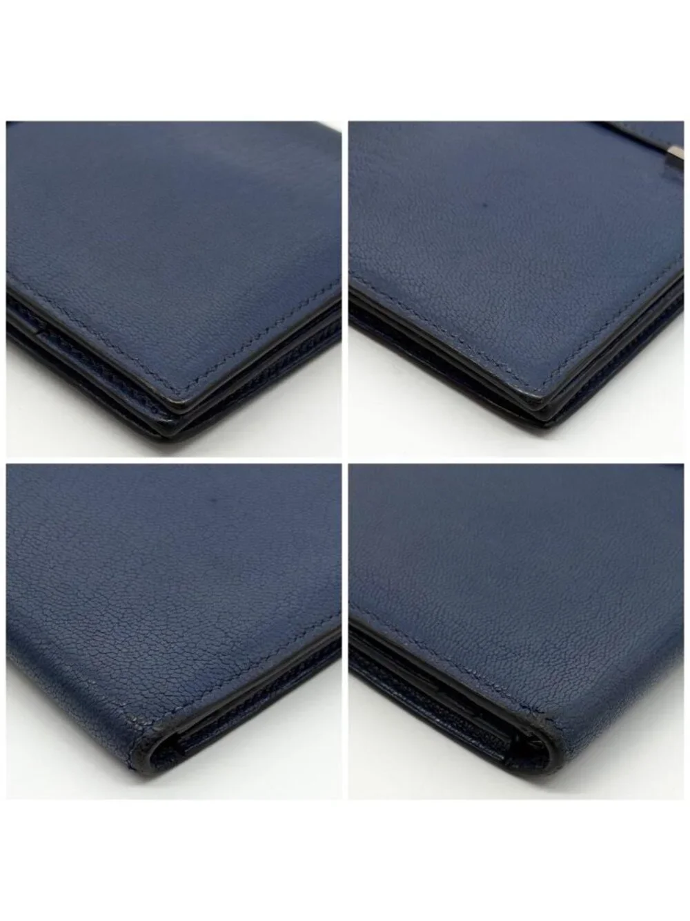 Hermes Bearn Soufflet Chevre Navy Wallet Silver Bifold